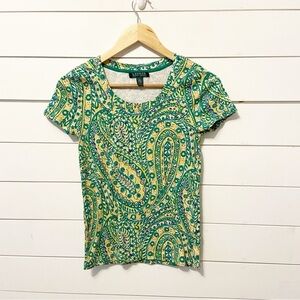 Lauren Ralph Lauren | Women’s Green/Yellow Paisley Cotton T-Shirt Size Small